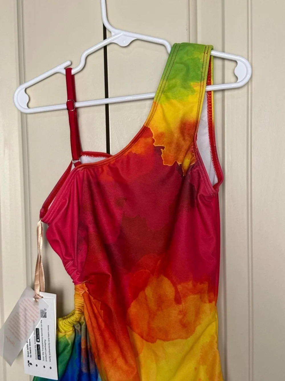 Girls Grace Karin One Piece Rainbow Watercolor Swimsuit Size 10 Cutout Ruched
